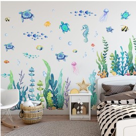 Condessacity Wall Sticker, Sea, Turtle, Seaweed, Sea Fish, Coral, Starfish, 3D Wallpaper Sticker, Removable, Stylish, Underwater World, Marine Plants, Animals, Wallpaper, Cafe Style, Living Room,