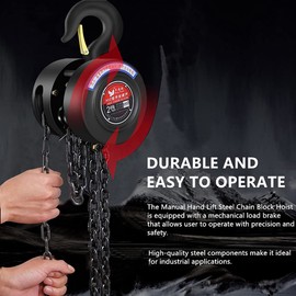 Manual Chain Hoist | 1 Ton/2000 lbs Capacity | 10’ Lift | 2 Hooks | Manual Hand Lift Steel Chain Block Hoist (1T)