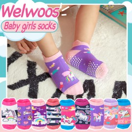 Welwoos Baby Girls Toddlers Grips Socks Kids Non Slip Anti Skid Ankle Unicorn Gift Cotton No Show Socks 9 Pairs Stocking Fillers (Purple Unicorn, 1-3 Y)