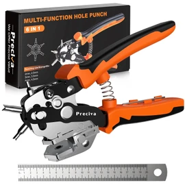 Leather Hole Punch, Preciva Revolving Belt Hole Puncher Tool, Adjustable Belt Puncher Plier with 6 Holes, Heavy Duty Hole Punch with Ruler for Leather, Plastics, Belt (V-Shape Hole Punch)
