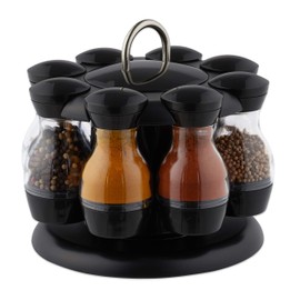 Relaxdays Spice Carousel with 8 Spice Shakers, 360° Rotation, Portable, Plastic, H x D 17 x 19 cm, Black/Transparent