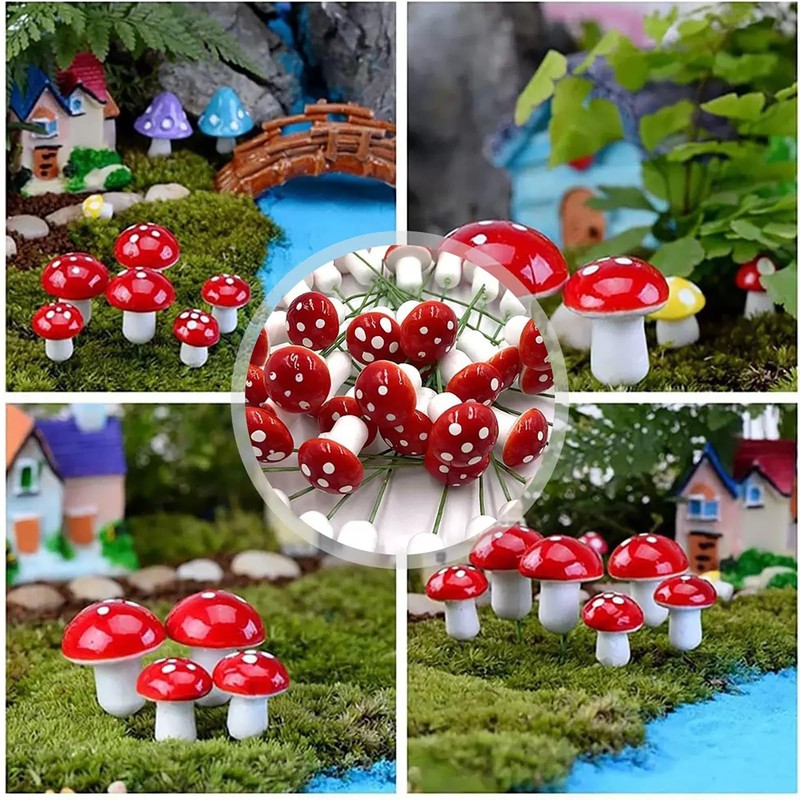 50Pcs Mini Resin Mushroom Figurines,Flower Pot, Mini Landscape Garden DIY