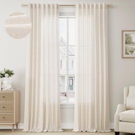 BOODII Cream Semi Sheer Textured Linen Curtains 102 Inches Length Long, 2 Panels Set for Bedroom Dining Living Room,Back Tab,Rod Pocket,Clip Rings Light Filtering Window Drapes,W52 x L102,Natural