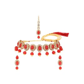 Efulgenz Faux Pearl Necklace Indian Jewelry Choker Crystal Floral Necklace Earrings Maang Tikka Bollywood Wedding Bridal Jewelry Set for Women, Red