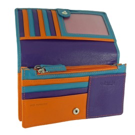 Ladies Leather Flapover Matinee Organiser Purse RFID Protection 10 Cards, Notes and Coins (Turquoise Orange Multi)
