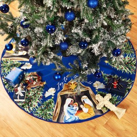 Sonwyoung Nativity Christmas Tree Skirt Joy to The World Winter Tree Mat Nativity Scene Decorative Tree Skirt Farmhouse Xmas Ornaments Rustic Vintage Christmas Decor for Holiday Party(Blue,48 Inch)