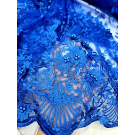 Divastyletextiles Fabric By the Yard Royal Blue Lace 3d Floral Flowers Prom Embroidery Pearls