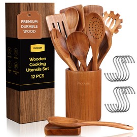 Wooden Spoons for Cooking, 12PCS Teak Wooden Kitchen Utensil Set with Spoon Rest - Smooth Finish, Non-Stick, Comfortable Grip, Heat Resistant Cooking Utensils Set