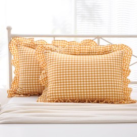 Mywinlle Yellow/White Plaid Ruffle Pillow Shams Standard Size Set of 2, Checkered Washed Cotton Mustard Gingham Pillow Covers Vintage Pillowcases 20"x26"