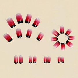 OCOUYVD Uñas Postizas Cuadradas Cortas Con Degradado Rojo, Punta Francesa, Uñas Artificiales Reutilizables, Cobertura Total, Kit De Uñas Postizas Adhe