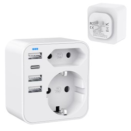 6-in-1 USA Adaptor Socket, Germany Plug with 3 USB 1 USB C (3.4 A), with 2 Socket Adapters, Travel Adapter Type B Suitable for Canada, Mexico, Thailand