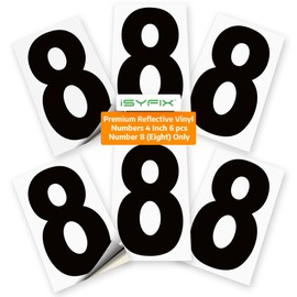 iSYFIX Black Vinyl Number 8 (Eight) Stickers - 6 Pack 4 inch - Premium Decal, Reflective Background, Pre-Spaced for Mailbox, Signs, Window, Door, Cars, Truck, Home, Business, Address, Indoor & Outdoor