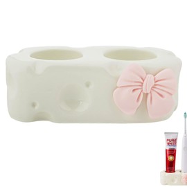 Biiange Cute Toothpaste Holder, Ceramic Bow Toothbrush Holder, Bathroom Countertop Accessories, for Bathroom Canister Storage Organization, Vanity Makeup Organizer (White)