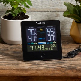 Taylor Digital Wireless Deluxe Indoor Outdoor Thermometer, Weather Station Forecaster, Calendar with Clock, Easy-to-Read Display for Home, Office, Greenhouse, Nursery, and Indoor Areas, LCD, Black