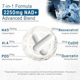 Suplemento liposomal NAD de 2150 mg, NAD+ con resveratrol, quercetina, CoQ10, ácido alfa lipoico, PQQ, apoya la energía celular y el envejecimiento sa