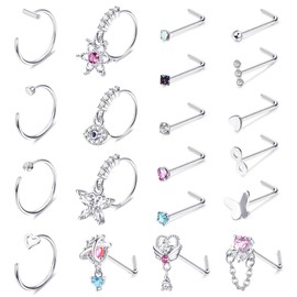KALVICA 20 Pieces Nose Piercing Set 20G Stainless Steel Nose Piercing Black Silver Golden Moon Rose Gold Heart Iris Japonica CZ Pendant Nose Piercing Stud for Men, Stainless Steel