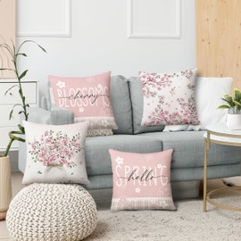 MEHOFOND Pink Sakura Pillow Covers 18x18 Inch Set of 4 Hello Spring Floral Throw Pillow Covers Cherry Blossom Japanese Flower Outdoor Decor Farmhouse Pillowcase Cushion Case for Sofa Couch