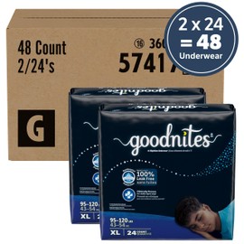 Goodnites Boys' Nighttime Bedwetting Underwear, Size Extra Large (95-120 lbs), 48 Ct (2 Packs of 24), Packaging May Vary