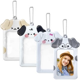 Aswewamt 4Pcs Cute Puppies Photocard Holder Keychain Dog Photo Frame ID Badge Holder PVC Cartoon Animal Photocards Holder Card Pendant Keychain Protective Sleeves