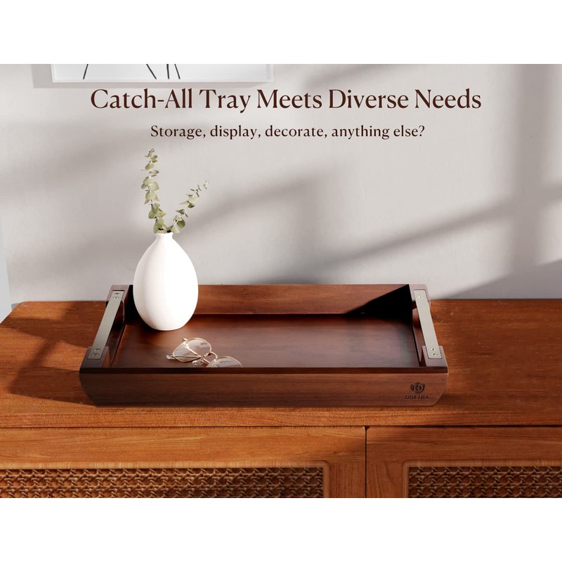 Dofira Acacia Wood Serving Tray with Metal Handles, 17x13in Food