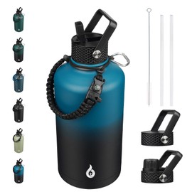 BJPKPK 2/3 Gallon Water Bottle with Straw Lid, 50oz, 64oz, 87oz, 128oz Large, Stainless Steel Water Bottles with 3 Lids and Paracord Handle, Double Wall Vacuum Metal Jug, Blue & Black