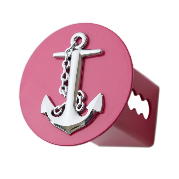 3D Chrome Ship Anchor Emblem on Hot Pink Metal Trailer Hitch Cover Fits 2" Receivers (Round)