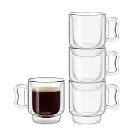ovalware RJ3 - Tazas de café expreso de 4 onzas líquidas, juego de 4 unidades, doble pared con mango de mariposa maciza, elegante taza de borosilicato para chupito de café expreso, apilable, aislado y transparente