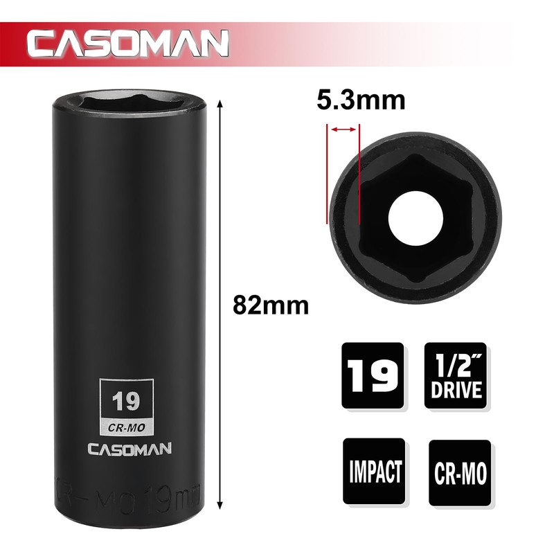 CASOMAN 1/2-Inch Drive x 19mm Deep Impact Socket, 6-Point, Metric,
