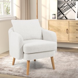 Giantex Sherpa Accent Chair, Modern Upholstered Single Sofa Chair with Back Pillow & Solid Rubber Wood Legs, Teddy Barrel Arm Chair for Reading, Living Room, Bedroom, Office, White