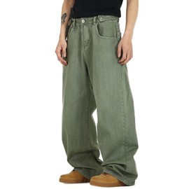 Nutriangee Men's Y2k Hip Hop Baggy Jeans Loose Fit Wide Leg Denim Pants Casual Streetwear Denim Pants Green 30