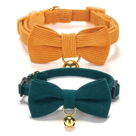 Petiry Soft Corduroy Cat Collars - Breakaway Kitten Collars with Removable Bow Ties & Gold Bells,Pack of 2,Green Orange
