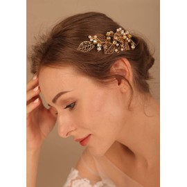 Denifery Hojas de oro rosa, pelo nupcial, vides de perlas para el pelo de boda, accesorios para el pelo de la novia (oro rosa)