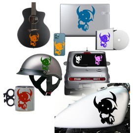 Skull with Horns Design #1 Self Adhesive Vinyl Decal Sticker for: Cars Bikes Helmets CD Cases Motorcycle Clubs (1.4" x 2", Black)