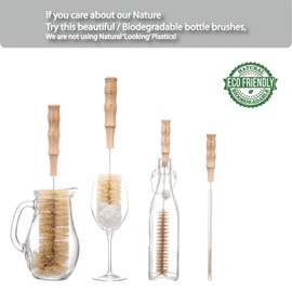 4Pcs Long Handle Bottle Cleaning Brush Set by HELLO NATURE, Sustainable & Biodegradable Natural Fibre Bamboo Handle Brushes Zero-Waste & Plastic Free