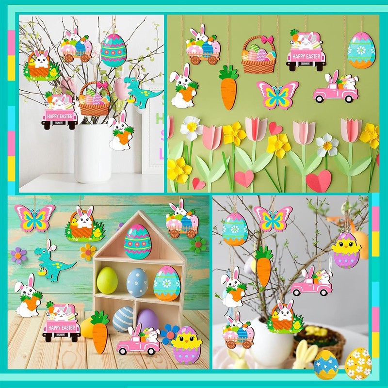 24 Wooden Bunny Easter Pendants with String, 8 cm Eggs,