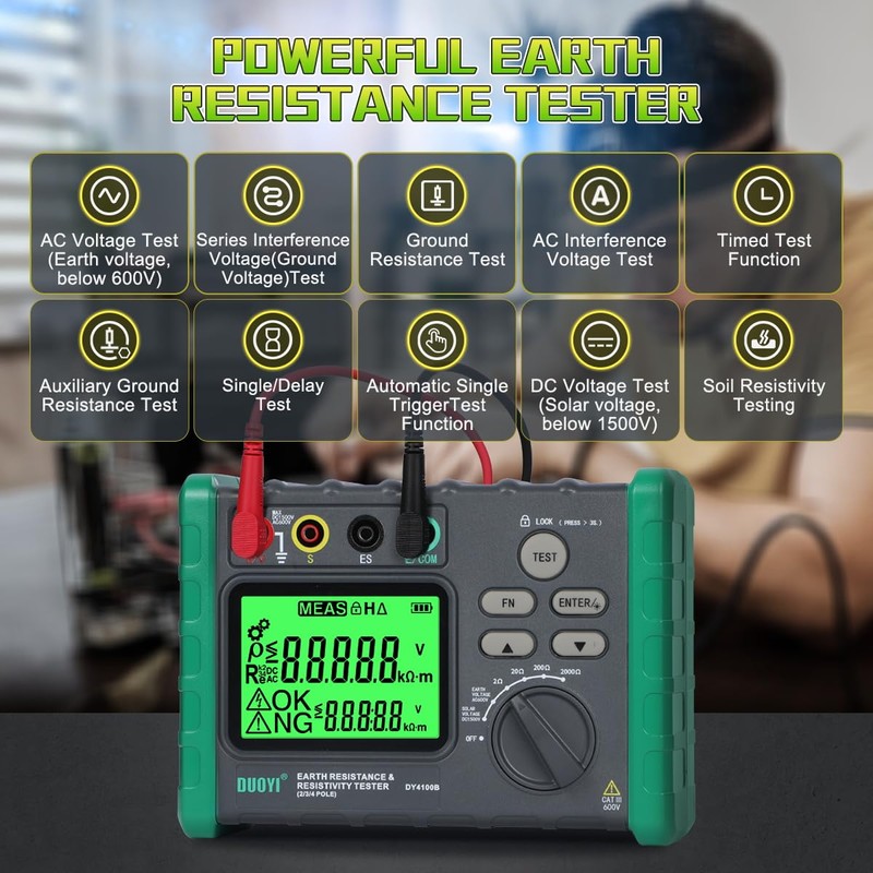 DUOYI Earth Resistance Tester 0.03-2000 ohm Meter,Upgraded Digital Earth Ground