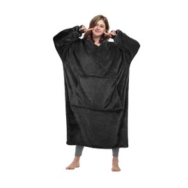 Catalonia Classy Oversized Fleece Hooded Blanket for Women Adults Girls Teens Men Soft and Cosy Wearable Long Hooded Blanket Sweatshirt with Hood and Front Pocket Black