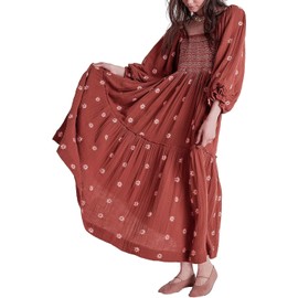 Willow Dance Women Casual Bohemian Floral Dress Square Neck Ruffle Swing A Line Dress Long Sleeve Beach Maxi Dress (Brown, Large)