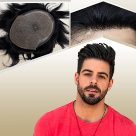 Lishy Toupee for Men Swiss Lace Front Natural Hairline with PU Mens Hair Replacement System Hairpieces European Human Hair Wigs 8X10 inches Medium Light Density (#1 Jet Black Color)