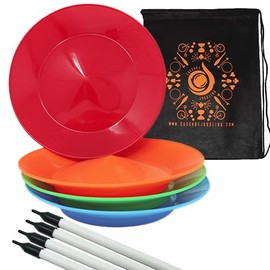 Cascade Juggling Set of 4 Spinning Plates and Sticks - Flexi Kid's Plate Spinning Set - Includes Cascade Carry Bag (Red, Blue, Green and Orange)