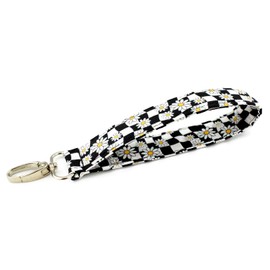 Wavy Checkers Keychain Wristlet - Retro Black and White Lanyard with Yellow Daisies - Cute Key Tag for Backpack - Trendy Car Accessories for Women