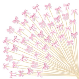 JarThenaAMCS 300Pcs Pink Bow Cocktail Pick Coquette Bowknot Long Toothpick 6 Designs Appetizer Skewer for Fruit Drink Dessert Bachelorette Party Supplies