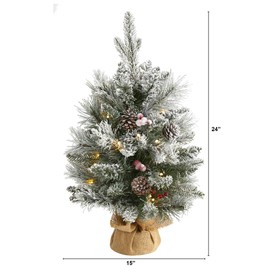 Nearly Natural 2ft. Flocked Artificial Christmas Tree with 30 Clear Lights, 73 Bendable Branches, Pine Cones and Berries
