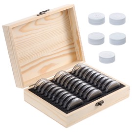 HonGien Wooden Coin Box with 30 Round Plastic Coin Capsules, Coin Protection Box for Coin Collectors for Coins 20 mm/25 mm/30 mm/35 mm/40 mm