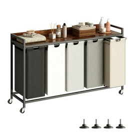 Herture Laundry Hamper with Shelf, Laundry Basket 5 Section, Laundry Sorter with Pull-Out Removable Large 5 Color Bags and Movable Wheels, Metal Frame, 5 x 15.87 Gallons (60L), Rustic Brown PF08XLN