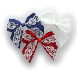 My Lello Medium 4" Girls Hair-Bow Barrette Satin & Lace Mixed Variety 3 Pack Navy/White/Red