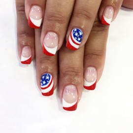 Mkwntg 4th of July Press on Nails Short Square Fake Nails Independence Day White Red French Tip False Nails Glossy Patriotic American Flag Design Full Cover Glue on Nails for Women Girls 24Pcs