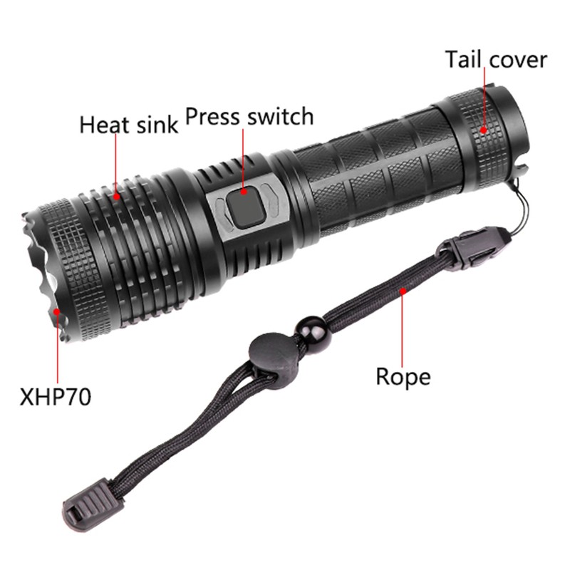 XHP70 Strong Brightness Flashlight with Output USB Charging Tactics Zoom