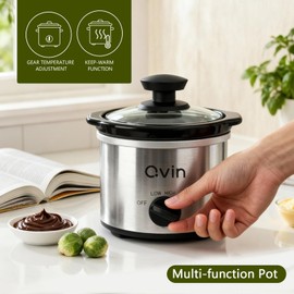 Qvin 0.65 Quart Mini Slow Cooker with Temperature Control, Stainless Steel and Black, Round Fondue Melting Pot with Glass Lid, Dishwasher Safe Stoneware