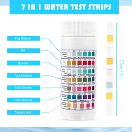 7 in 1 Pool Test Strips, 100 Strip Pool Test Strips for Above Ground Pool, Pool Test Kit, Accurate Testing Chlorine, Hardness, Bromine, Alkalinity, Cyanuric Acid pH